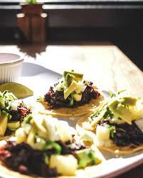 Tacos with Hibiscus, Salsa Verde, and Pineapple.